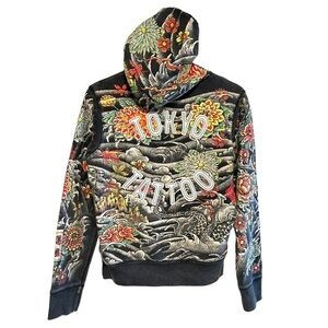 Y2K Lucky Brand sweatshirt M tattoo Asian dragon crane floral full zip boho vtg